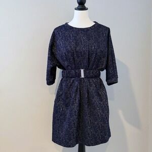 FRNCH Navy Metallic Belted Party Dress – Shimmer Holiday Cocktail Dress - Small